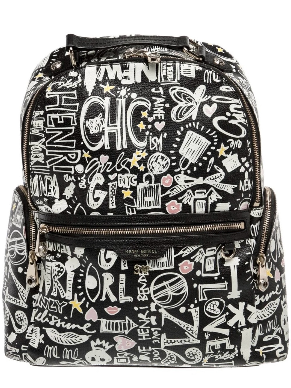 henri bendel Black Graffiti Print Mini Backpack with Pink & Gold Accents